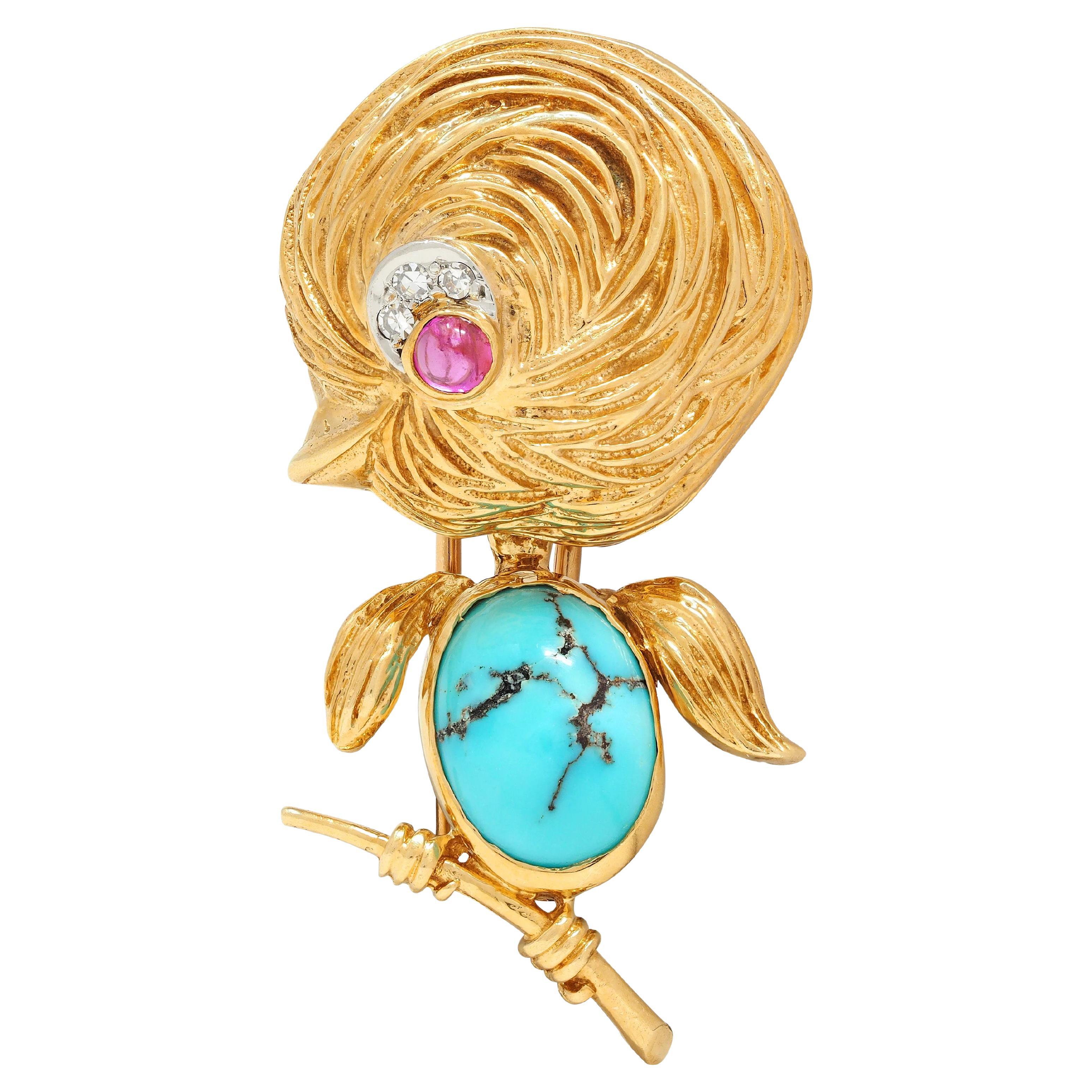Van Cleef & Arpels Diamantes Turquesa Platino Oro de 18 Kilates Broche Vintage Pájaro