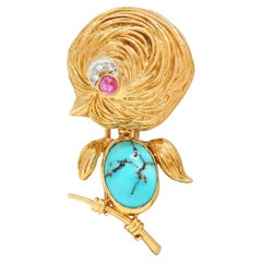 Van Cleef & Arpels Diamantes Turquesa Platino Oro de 18 Kilates Broche Vintage Pájaro