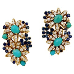 Van Cleef & Arpels Vintage 1950s Diamond Turquoise Sapphire  Gold Earrings