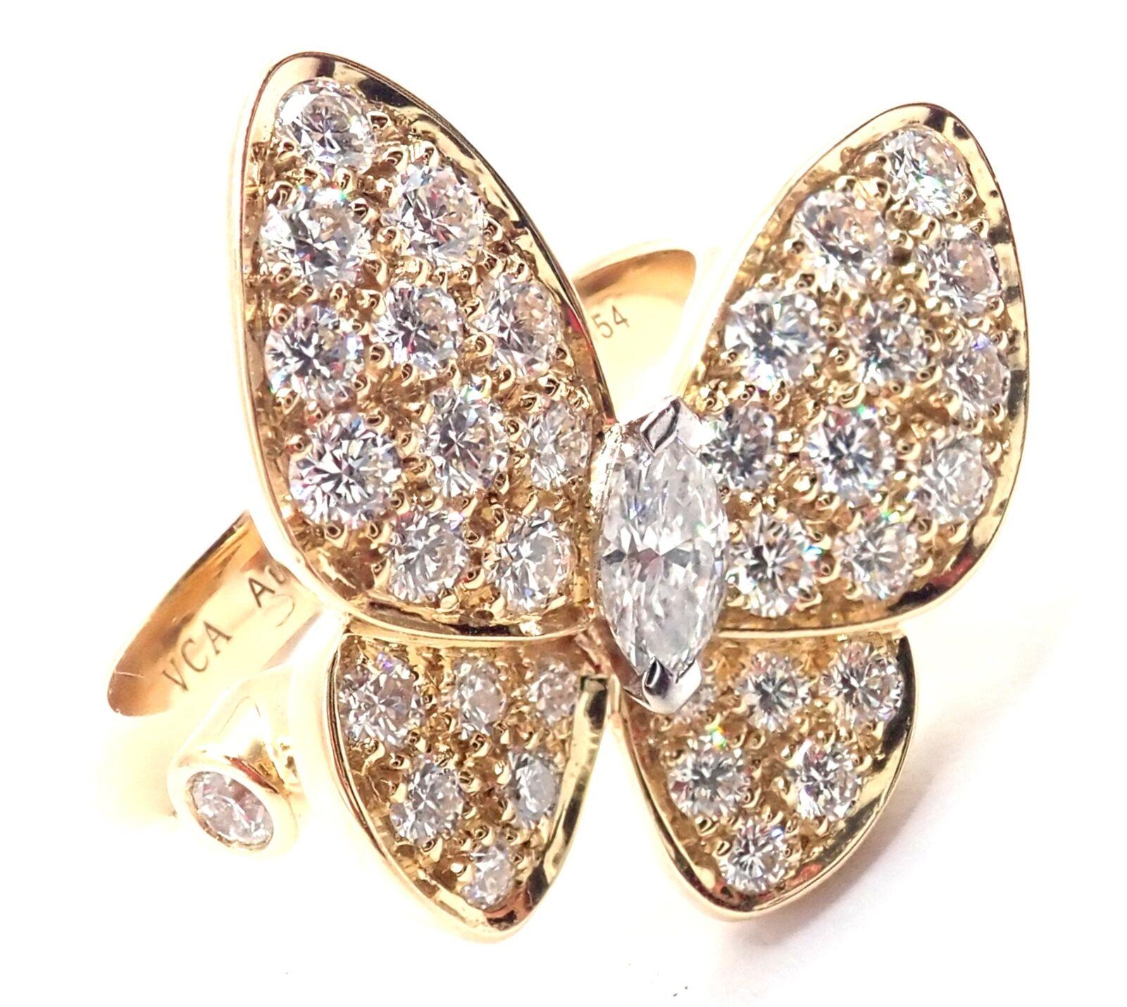 Van Cleef & Arpels Diamond Two Butterfly Yellow Gold Ring For Sale 4