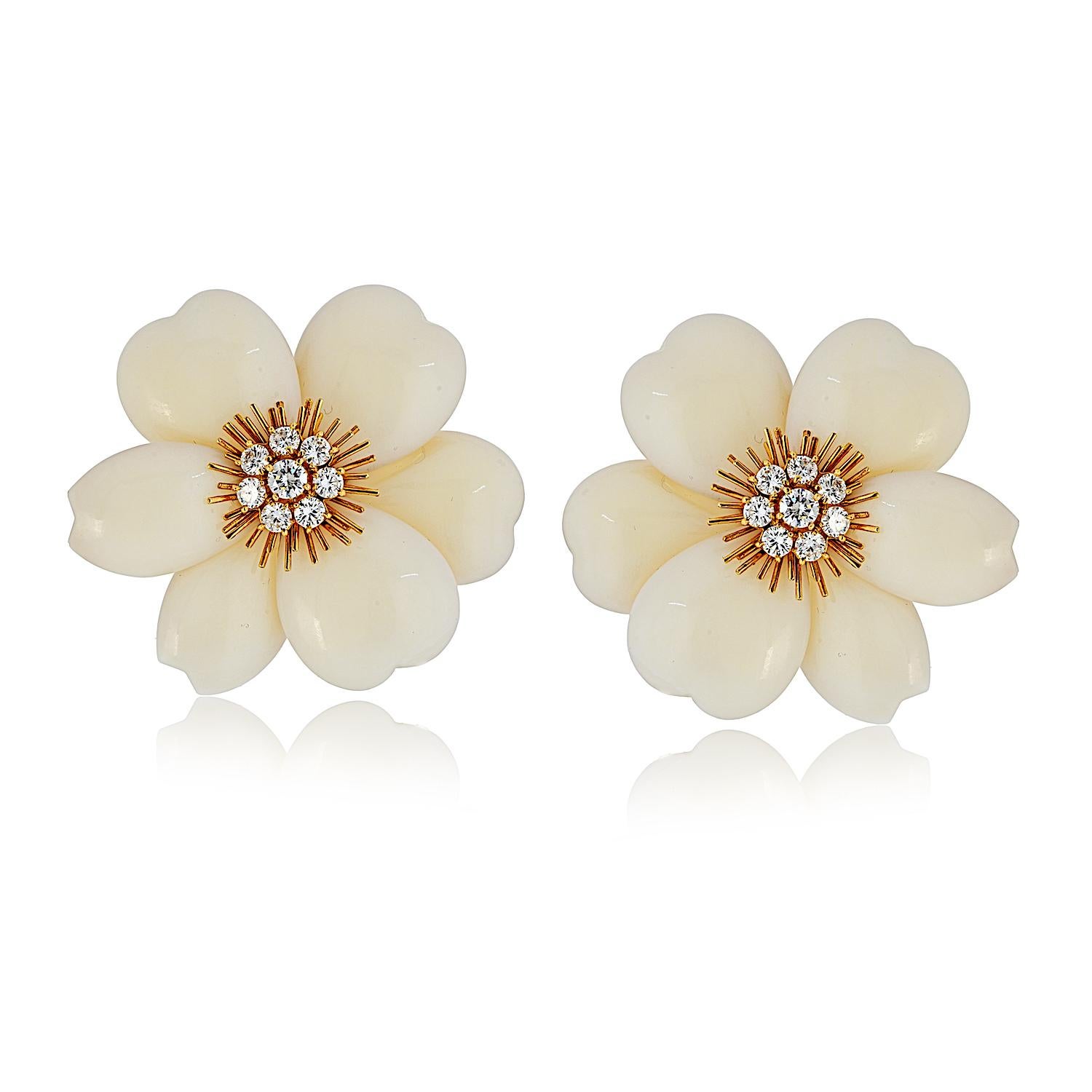 Ces élégantes boucles d'oreilles Van Cleef & Arpels Rose de Noël sont réalisées en or jaune 18 carats et présentent de magnifiques pétales de corail blanc sculptés dans le très recherché petit modèle. 

Fabriquées en France, les boucles d'oreilles