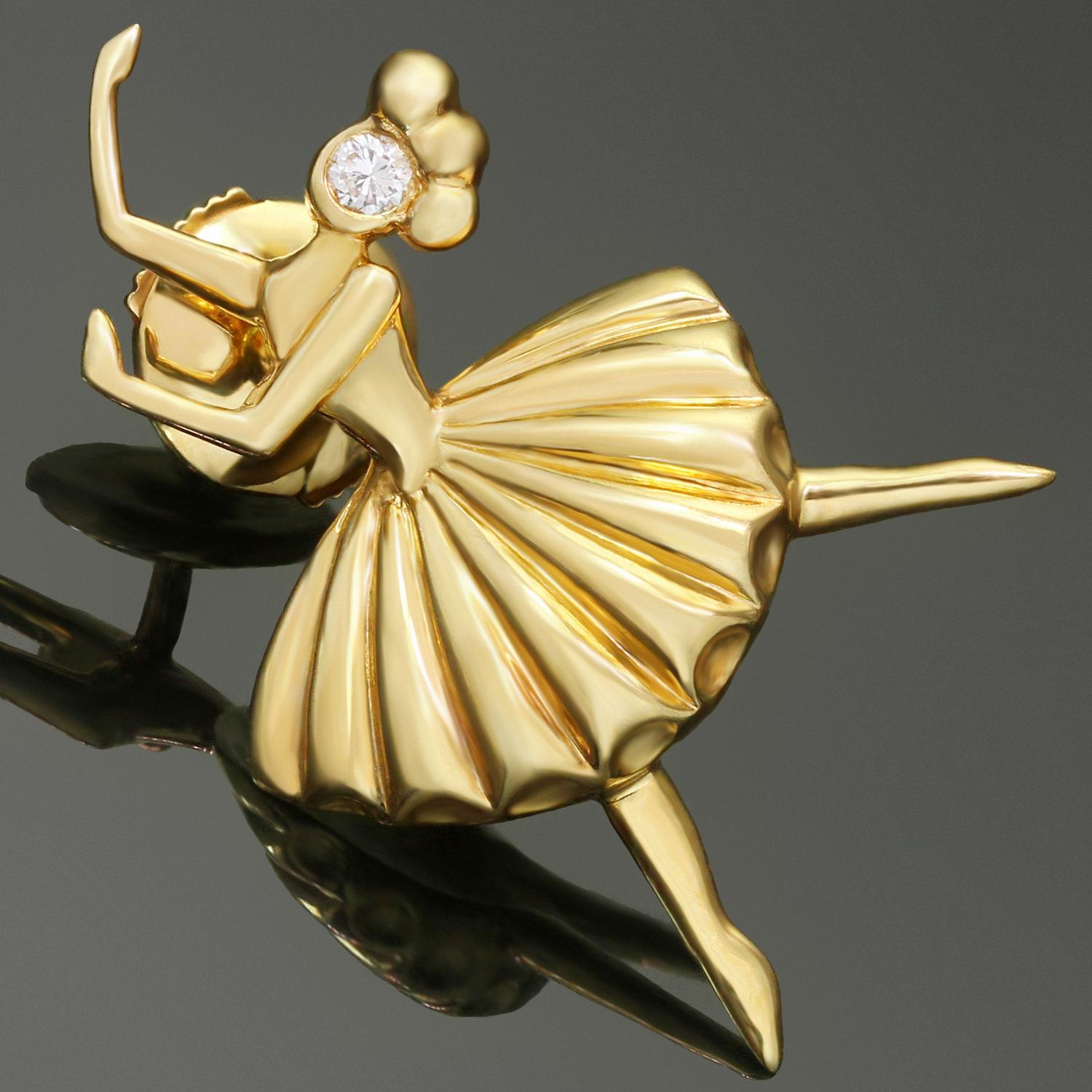 This gorgeous vintage Van Cleef & Arpels pin is crafted in 18k yellow gold as Arabesque ballerina in a fluted tutu accented with a brilliant-cut diamond of an estimated 0.03 carats. Made in France circa 1950s. Measurements: 0.66