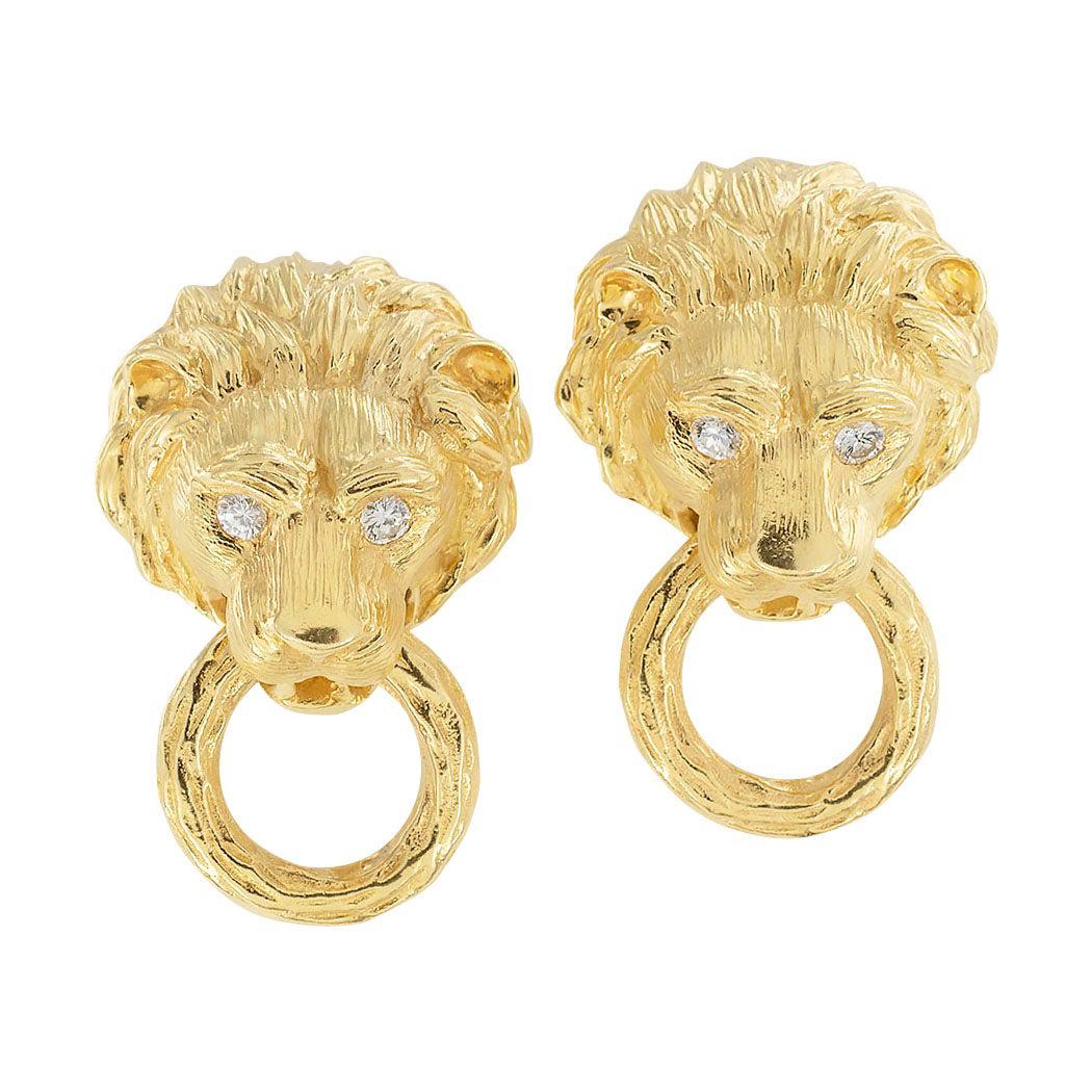 Van Cleef & Arpels Diamond Yellow Gold Lion Head Door Knocker Earrings