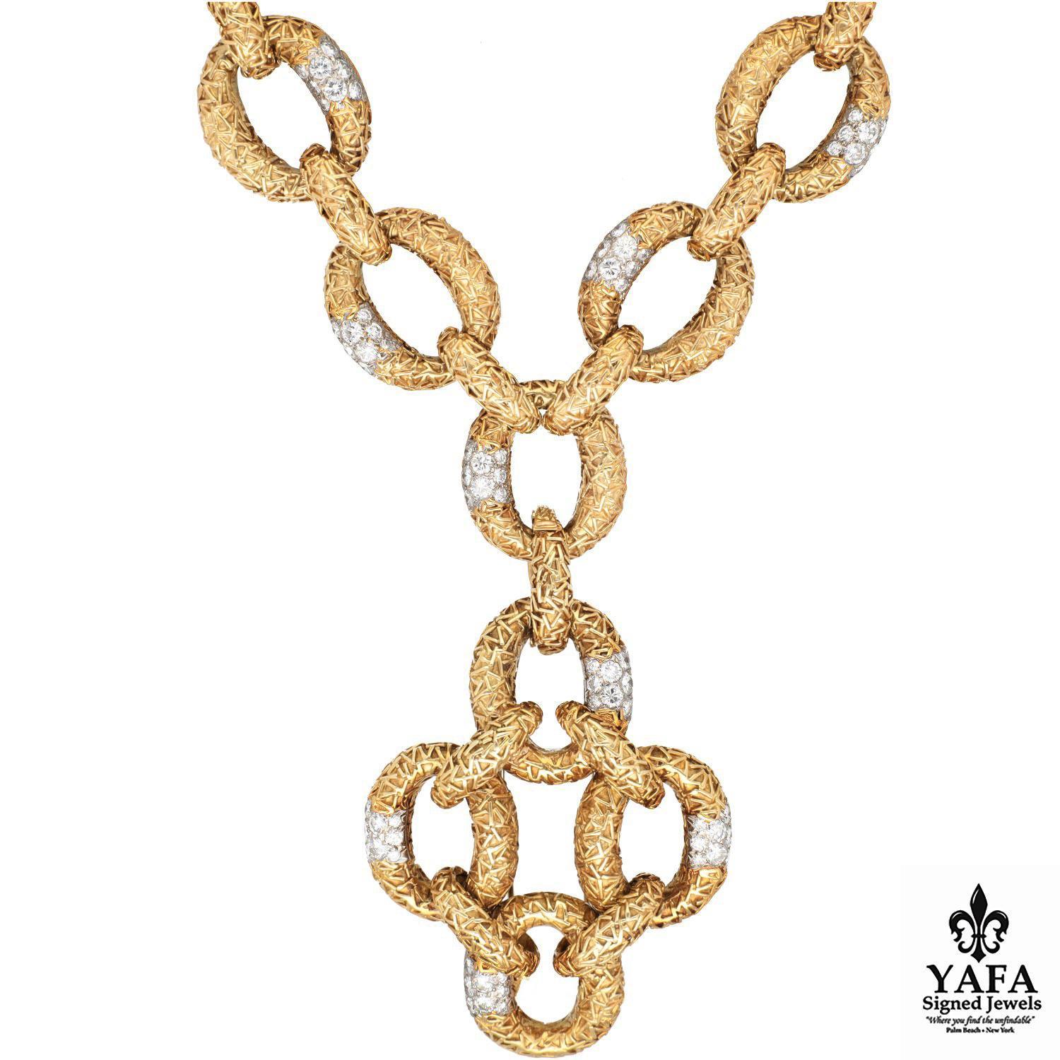 An Exquisite Link Necklace and Pendent Comprised of Textured 18K Gold, Illuminated By Dazzling Diamonds With Four Removable Segments That Can Be Worn As A Set And Independantly For A Plentifully Variety Of Wear. 
Approximate Length - 31.50