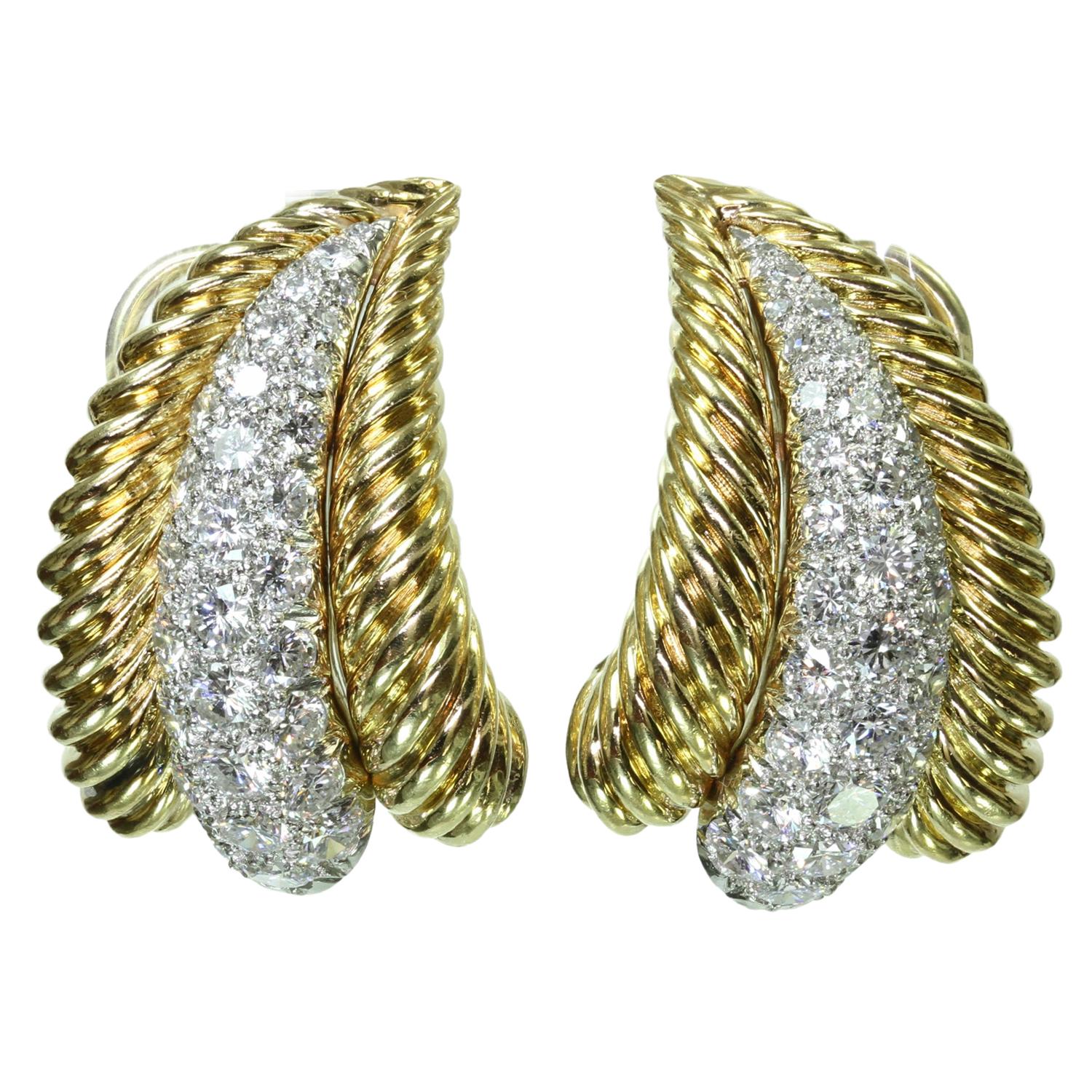 Women's Van Cleef & Arpels Diamond Yellow Gold Platinum Earrings, 1960s. AOC  For Sale
