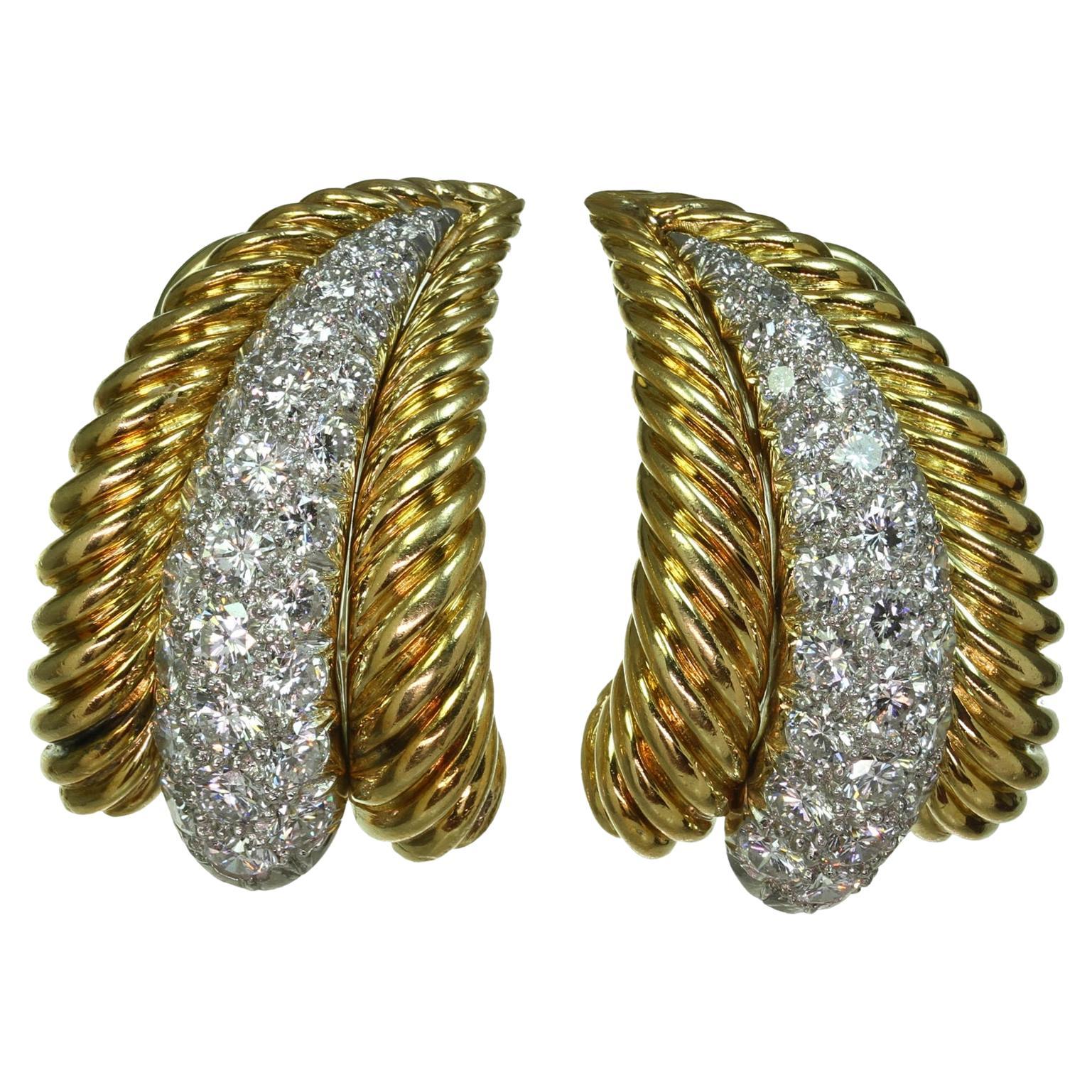 Van Cleef & Arpels Diamond Yellow Gold Platinum Earrings, 1960s. AOC  For Sale