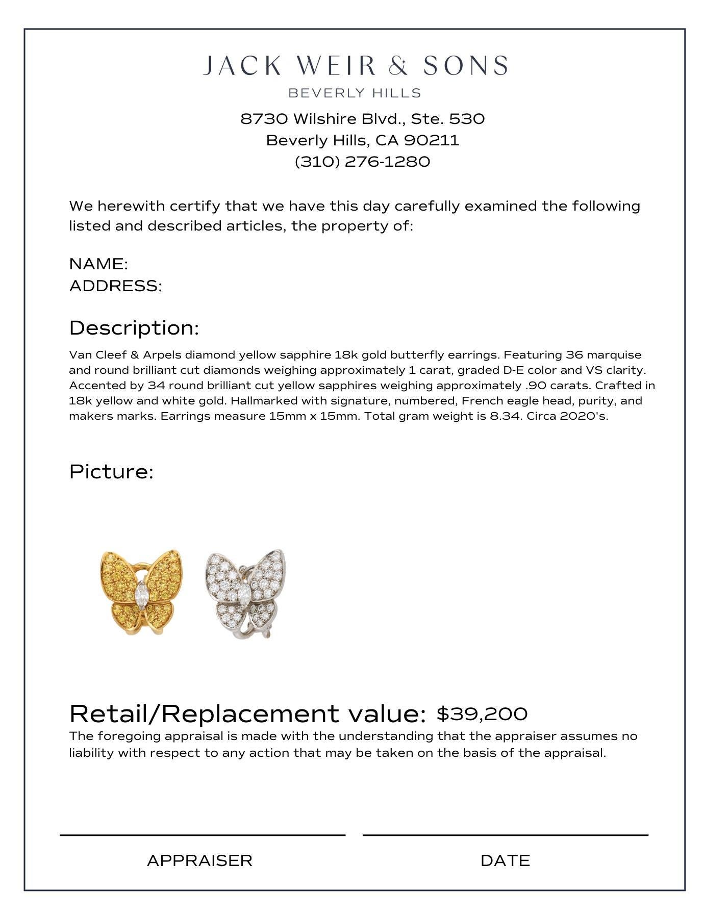 Van Cleef & Arpels Schmetterlingsohrringe aus 18 Karat Gold mit Diamanten und gelbem Saphiren im Zustand „Gut“ im Angebot in Beverly Hills, CA