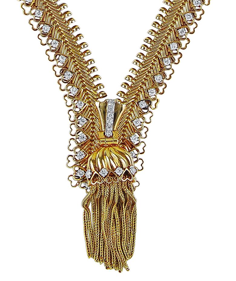 Van Cleef and Arpels Diamond Yellow Gold Zip Necklace and Ear Clips For ...