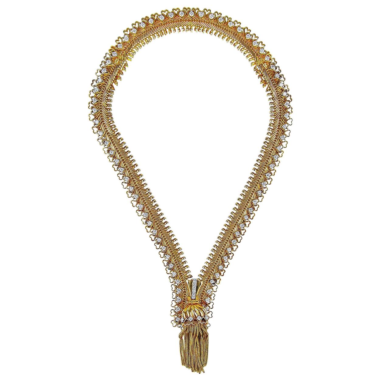 Van Cleef & Arpels Diamond Yellow Gold Zip Necklace and Ear Clips