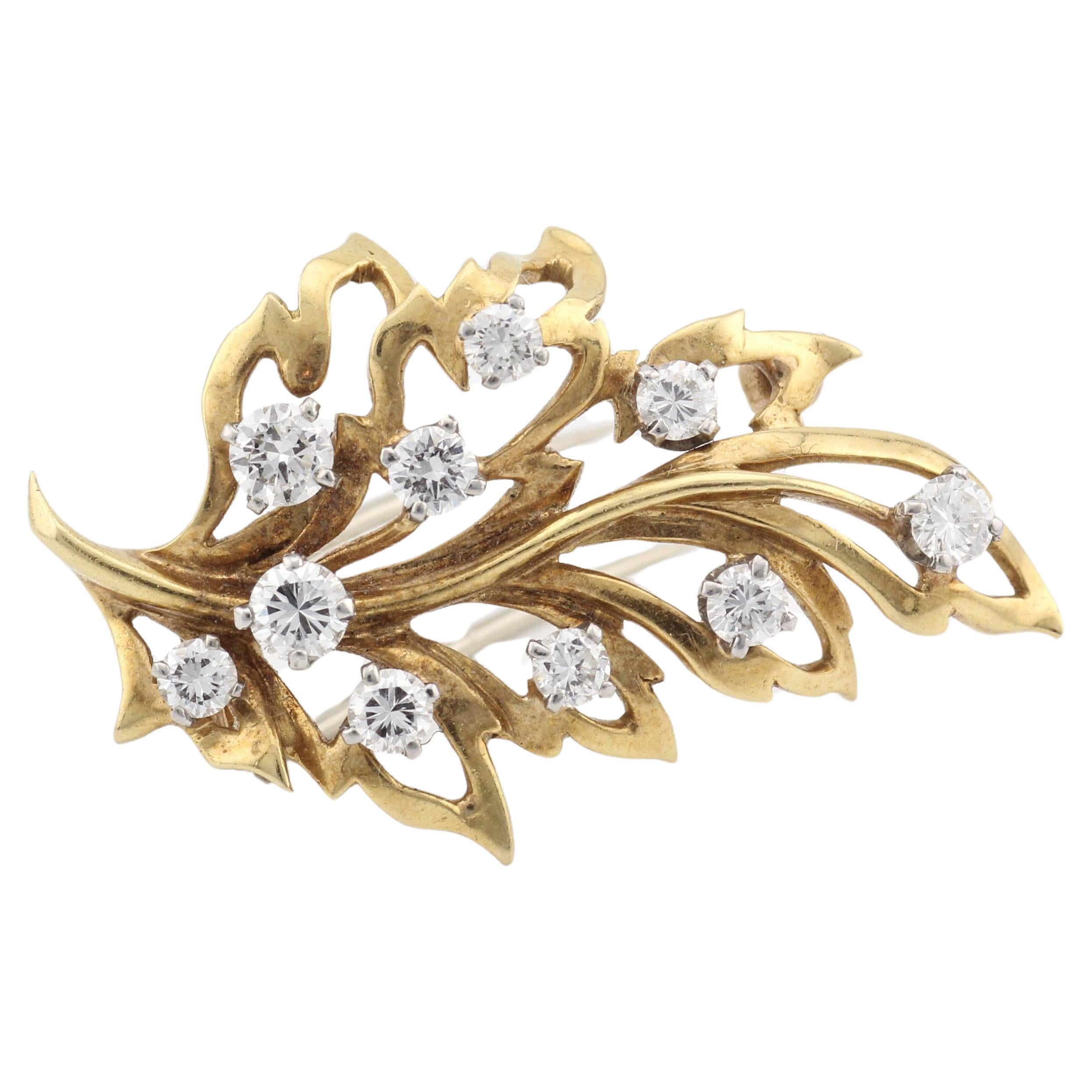 Van Cleef & Arpels Diamonds 18K Yellow Gold Platinum Leaf Brooch For Sale