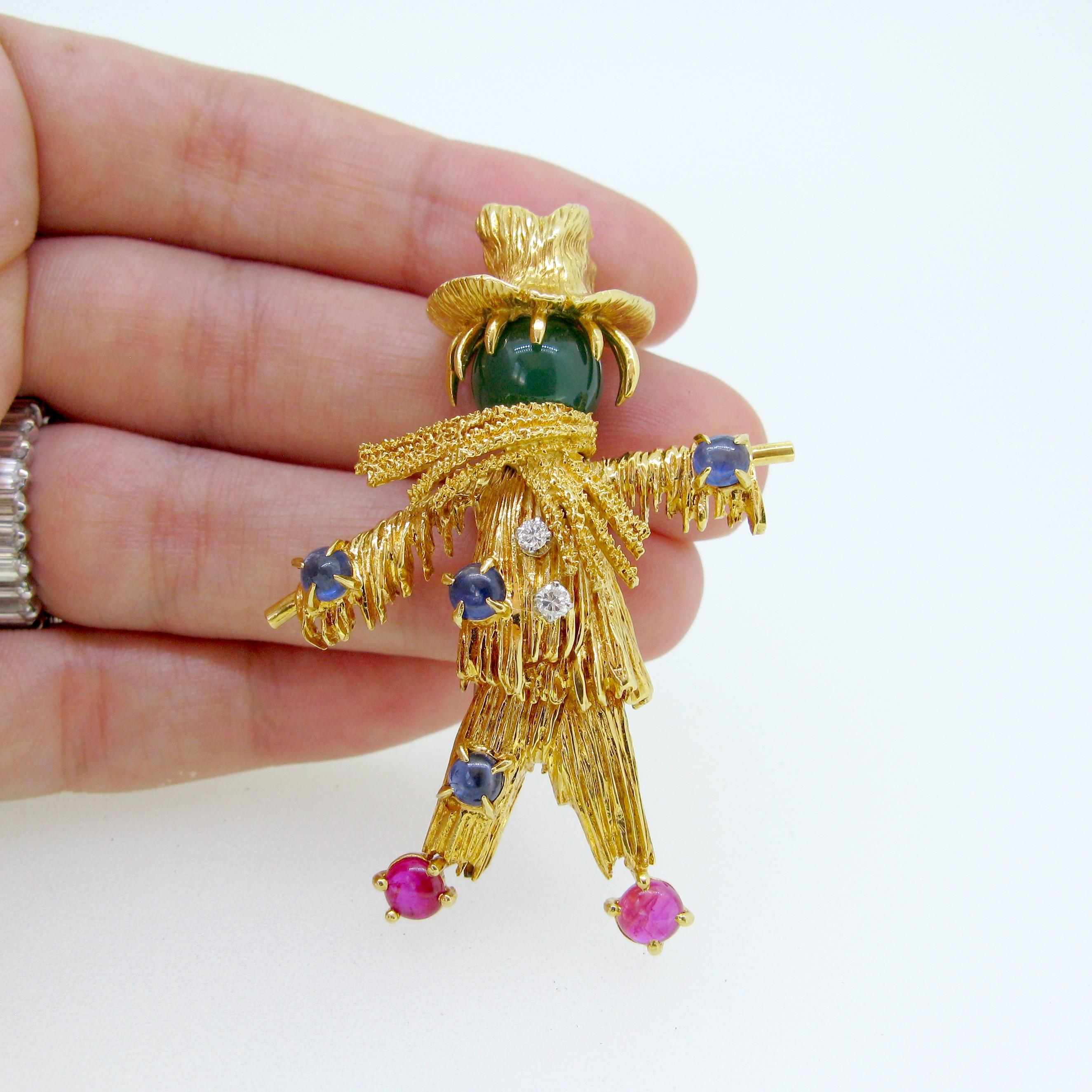 Women's or Men's Van Cleef & Arpels Diamonds Chrysoprase Ruby Sapphire Scarecrow Pin Brooch