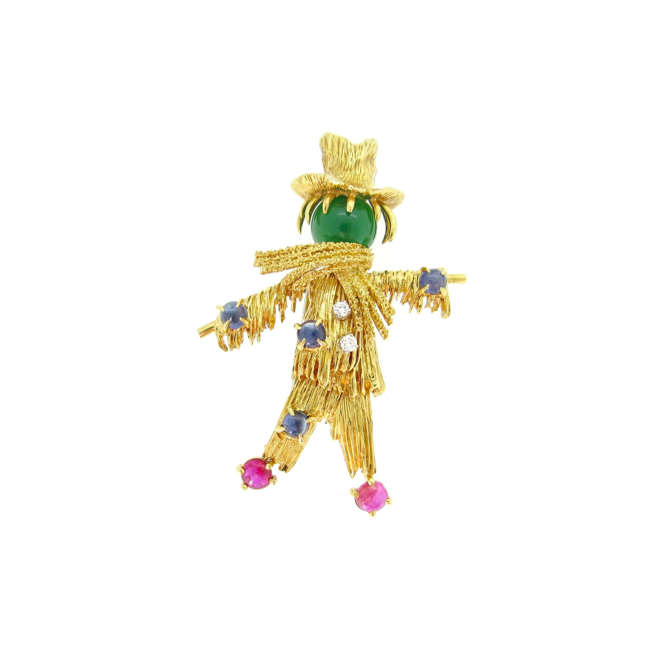Van Cleef & Arpels Diamonds Chrysoprase Ruby Sapphire Scarecrow Pin Brooch