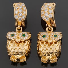 VAN CLEEF & ARPELS Diamonds Emerald Yellow Gold 1970s Owl Earrings