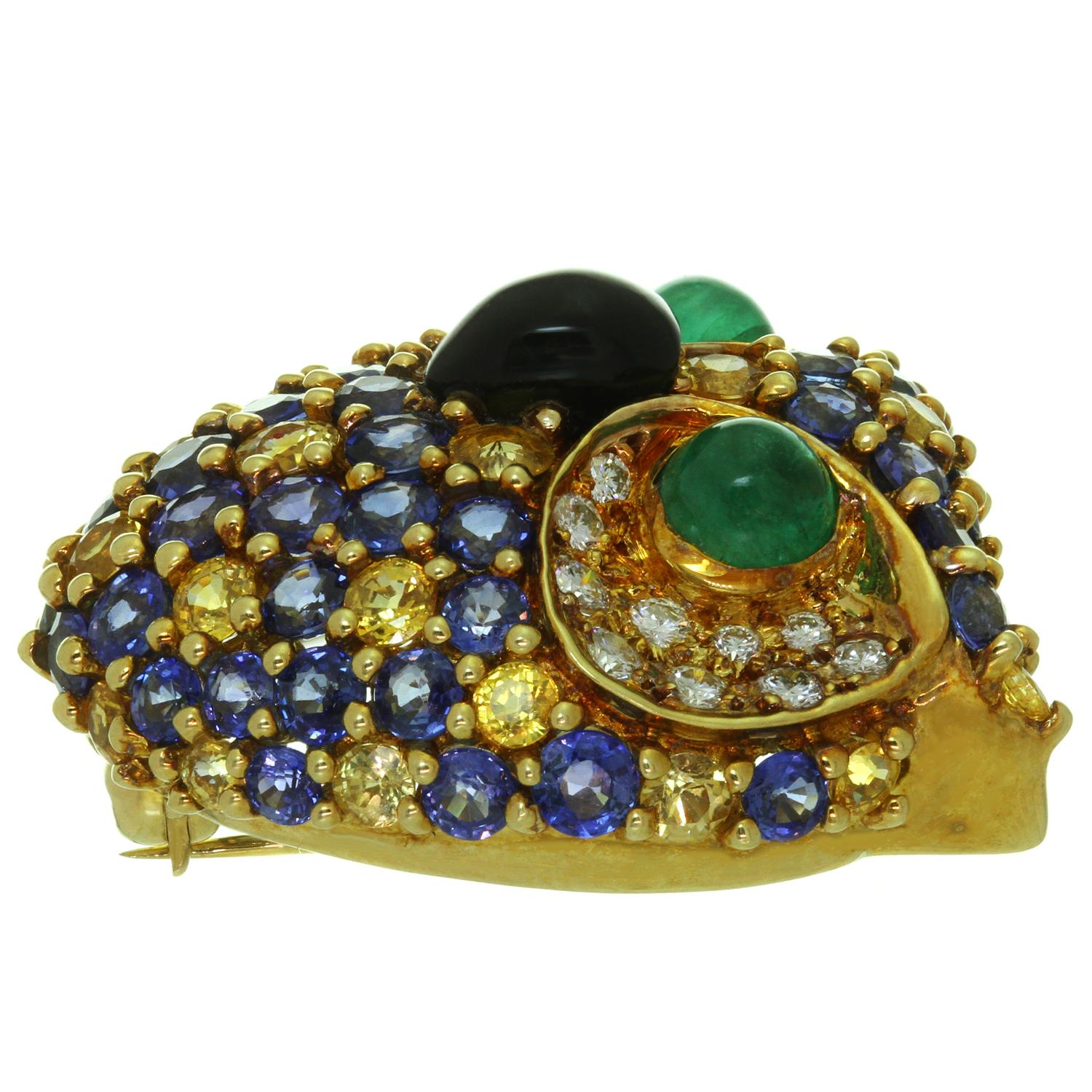 Women's Van Cleef & Arpels Diamonds Sapphire Emerald Enamel Yellow Gold Owl Brooch  