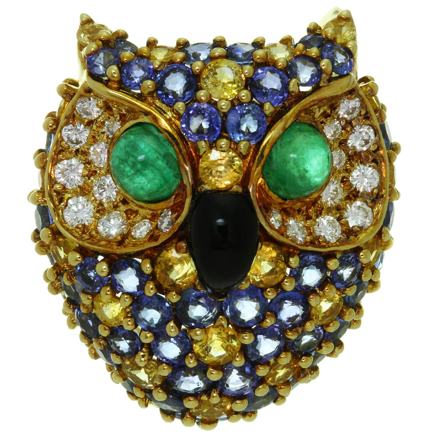 Van Cleef & Arpels Diamonds Sapphire Emerald Enamel Yellow Gold Owl Brooch  