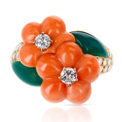 Van Cleef & Arpels Double Flower Coral, Chrysoprase, 0.96 Ct. Diamond Ring, 18k