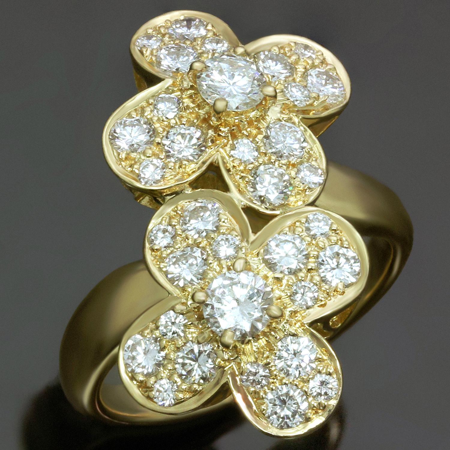 This stunning Van Cleefs & Arpels ring from the classic Trefle collection is crafted in 18k yellow gold and features a double clover flower motif set brilliant-cut round diamonds of 1.07 carats. Made in France circa 1990s. Measurements: 0.47