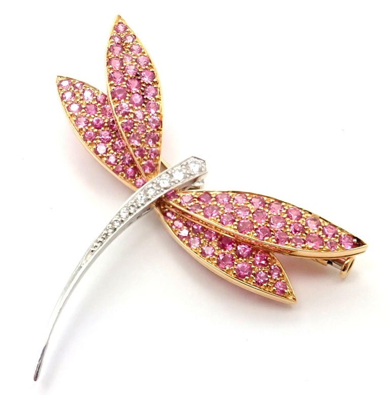 Van Cleef & Arpels Dragonfly Diamond Pink Sapphire White Gold Pin Brooch For Sale 5