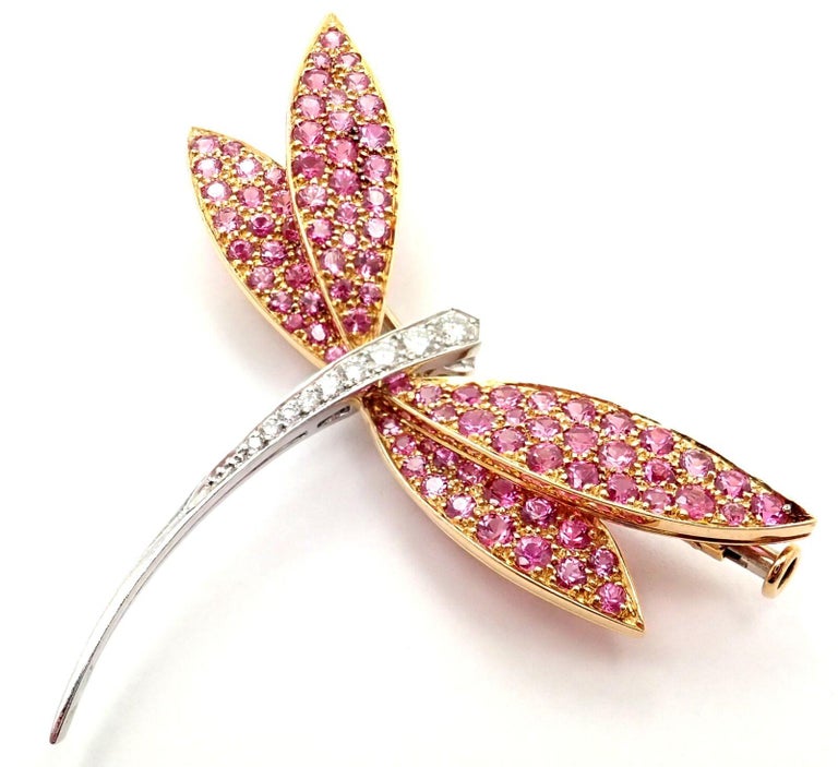 Brilliant Cut Van Cleef & Arpels Dragonfly Diamond Pink Sapphire White Gold Pin Brooch For Sale