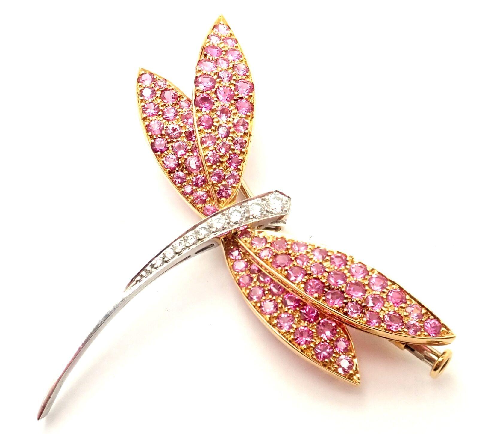Van Cleef & Arpels Dragonfly Diamond Pink Sapphire White Gold Pin Brooch In Excellent Condition In Holland, PA