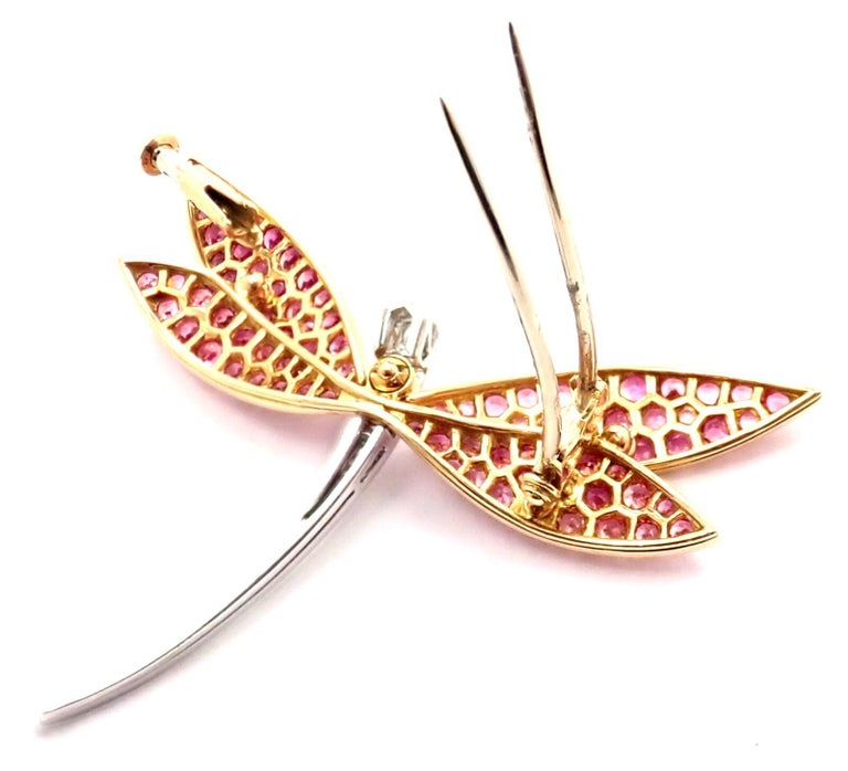 Van Cleef & Arpels Dragonfly Diamond Pink Sapphire White Gold Pin Brooch For Sale 1