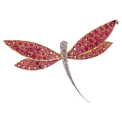 Van Cleef & Arpels Dragonfly Diamond Pink Sapphire White Gold Pin Brooch