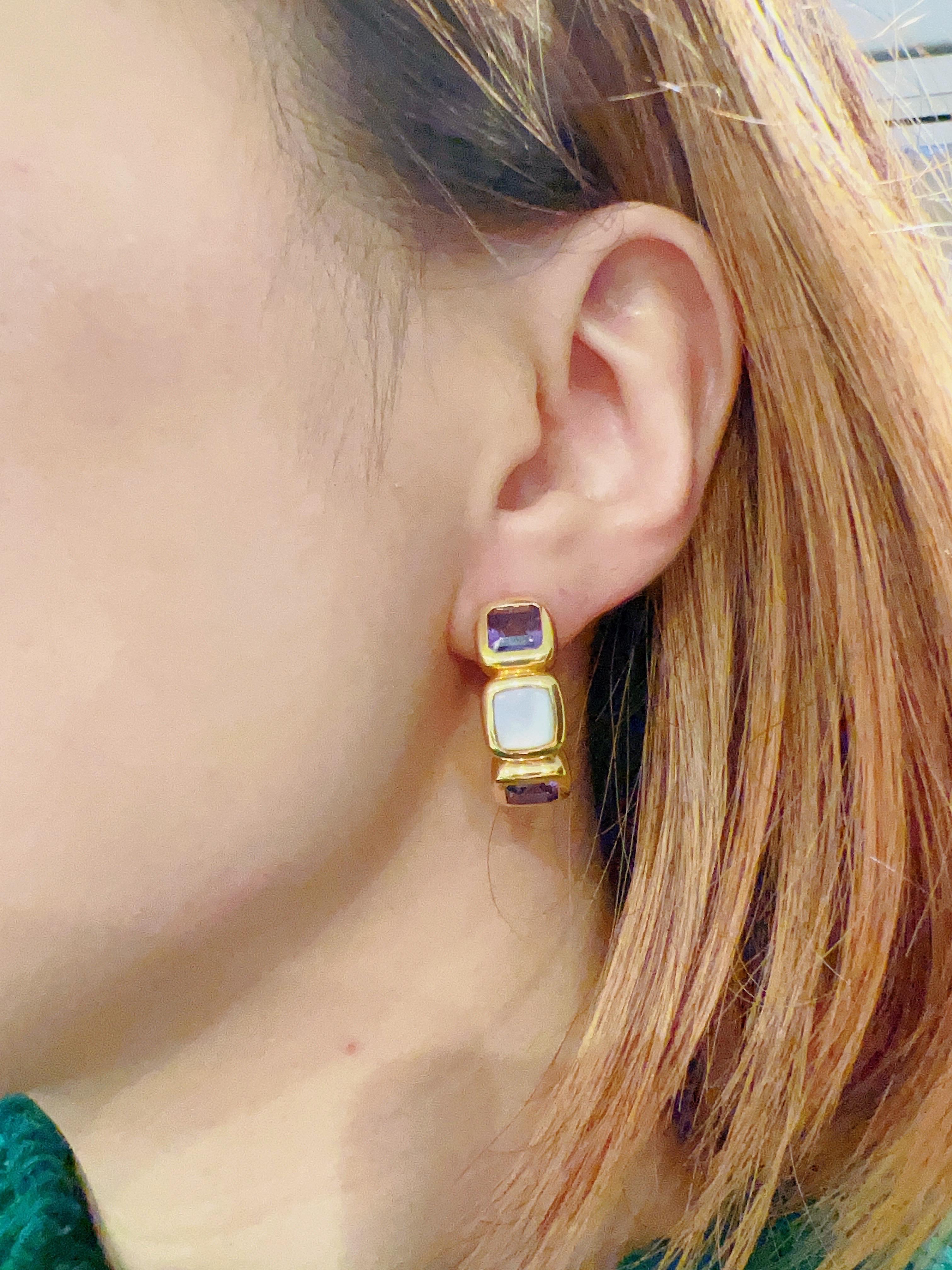 Vintage Earrings in Yellow Gold, Amethysts and Mother-of-pearl In Excellent Condition For Sale In Kowloon City District, HK