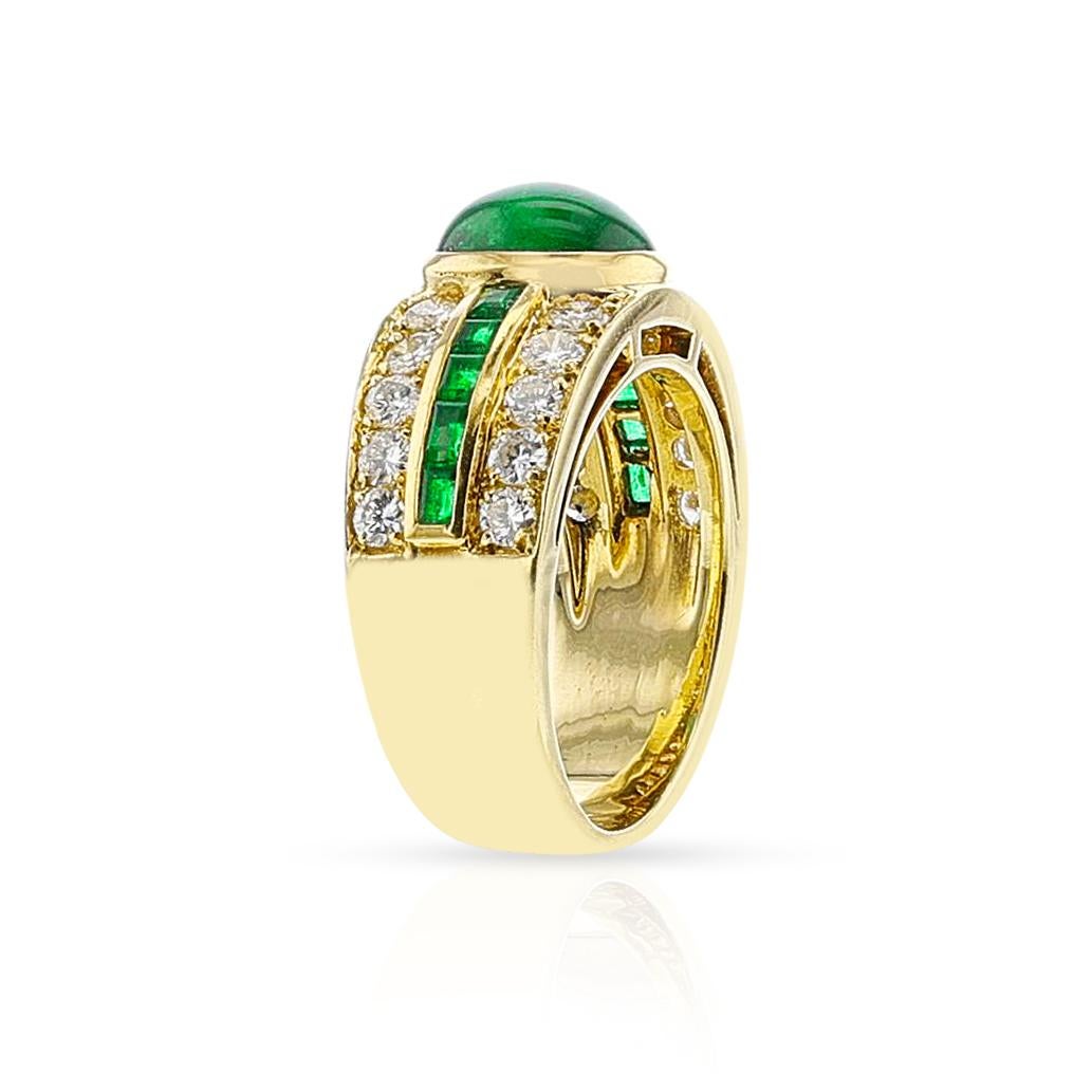 A Van Cleef & Arpels Emerald Cabochon Ring with emerald appx. 3 carats  and diamonds appx. 0.68 carats made in 18k Yellow Gold. Signed and numbered. Total Weight: 10.84 grams. Ring Size US 7.25. 

SKU: 1403-GREJMJQ