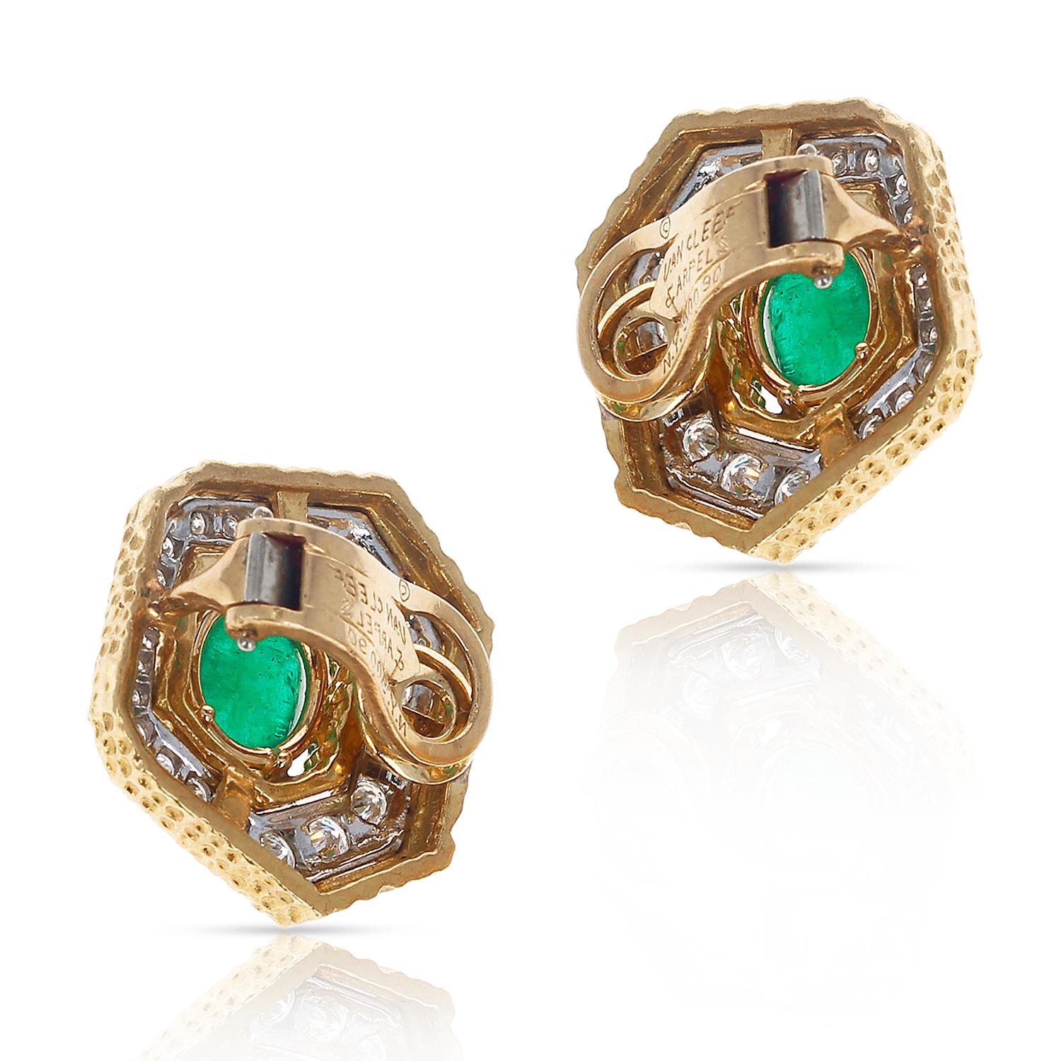 A pair of Van Cleef & Arpels Emerald Cabochon and Diamond Textured Earrings in 18 Karat Gold. Total Emerald Weight: 4 carats, Total Diamond Weight: 1 carat. Total Weight: 17 grams. Length: 0.50