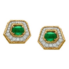 Van Cleef & Arpels Emerald Cabochon and Diamond Textured 18k Gold Earrings