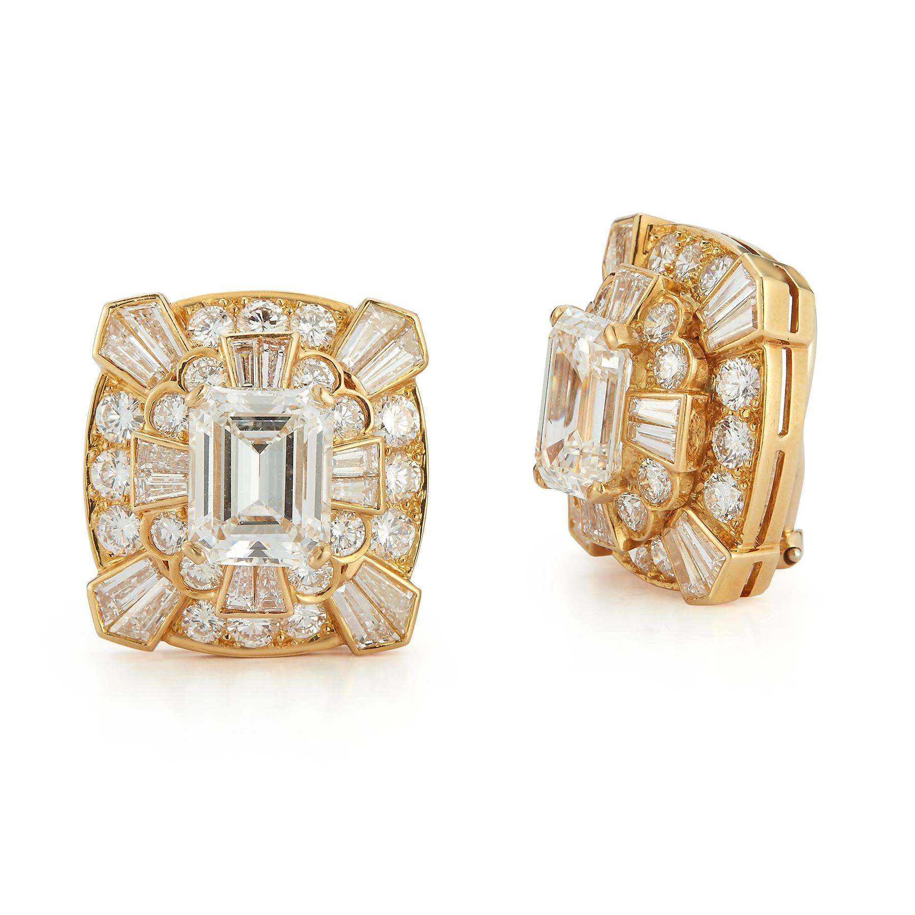 Van Cleef & Arpels Emerald Cut Diamond Earrings

GIA certified emerald cut diamonds:
Emerald Diamond Weight: 3.79 cts & 3.80 cts 
Emerald Diamond Color: F
Emerald Diamond Clarity : VS1

surrounded by 32 tapered baguette-cut, with an approximate