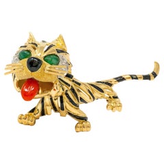 Van Cleef & Arpels Emerald Diamond Enamel 18K Yellow Gold Vintage Tiger Brooch