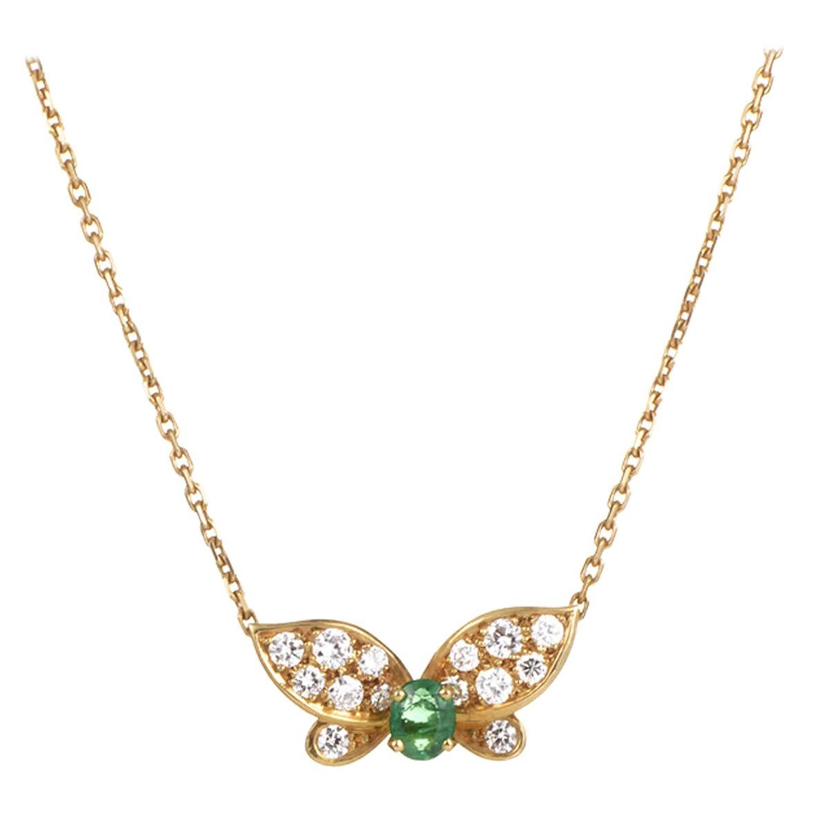 Van Cleef & Arpels Emerald Diamond Gold Butterfly Pendant Necklace