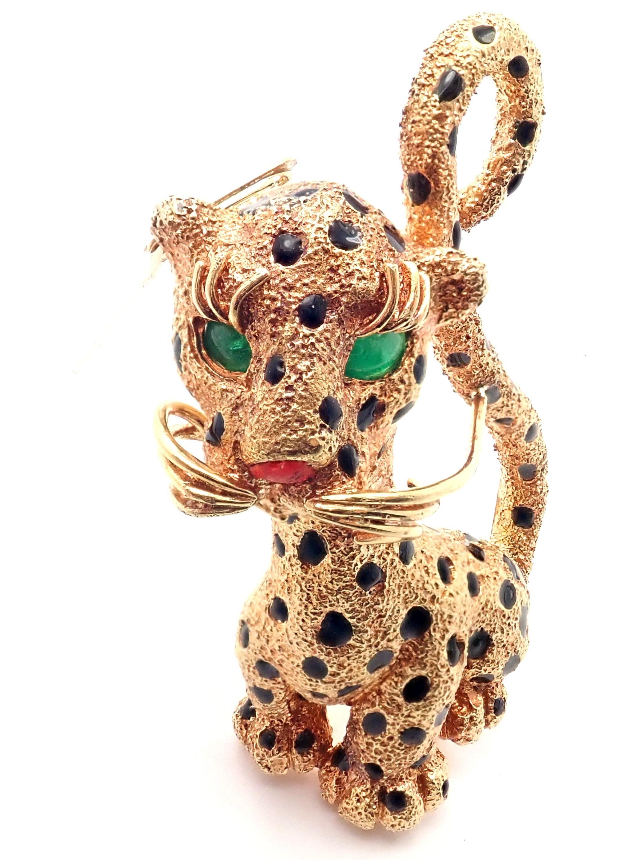 18k Yellow Gold Emerald Enamel Leopard Brooch Pin by Van Cleef & Arpels. 
With 2 emeralds in the eyes total weight approximately .79ct
Details: 
Weight: 19.3 grams
Measurements: 51mm x 26mm
Stamped Hallmarks: VCA 73 128437 18k 0.79ct
*Free Shipping