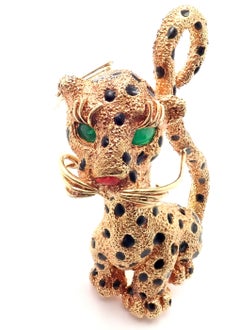 Van Cleef & Arpels Emerald Enamel Yellow Gold Leopard Brooch
