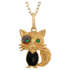 VAN CLEEF & ARPELS Emerald Onyx Cat Pendant Yellow Gold Necklace