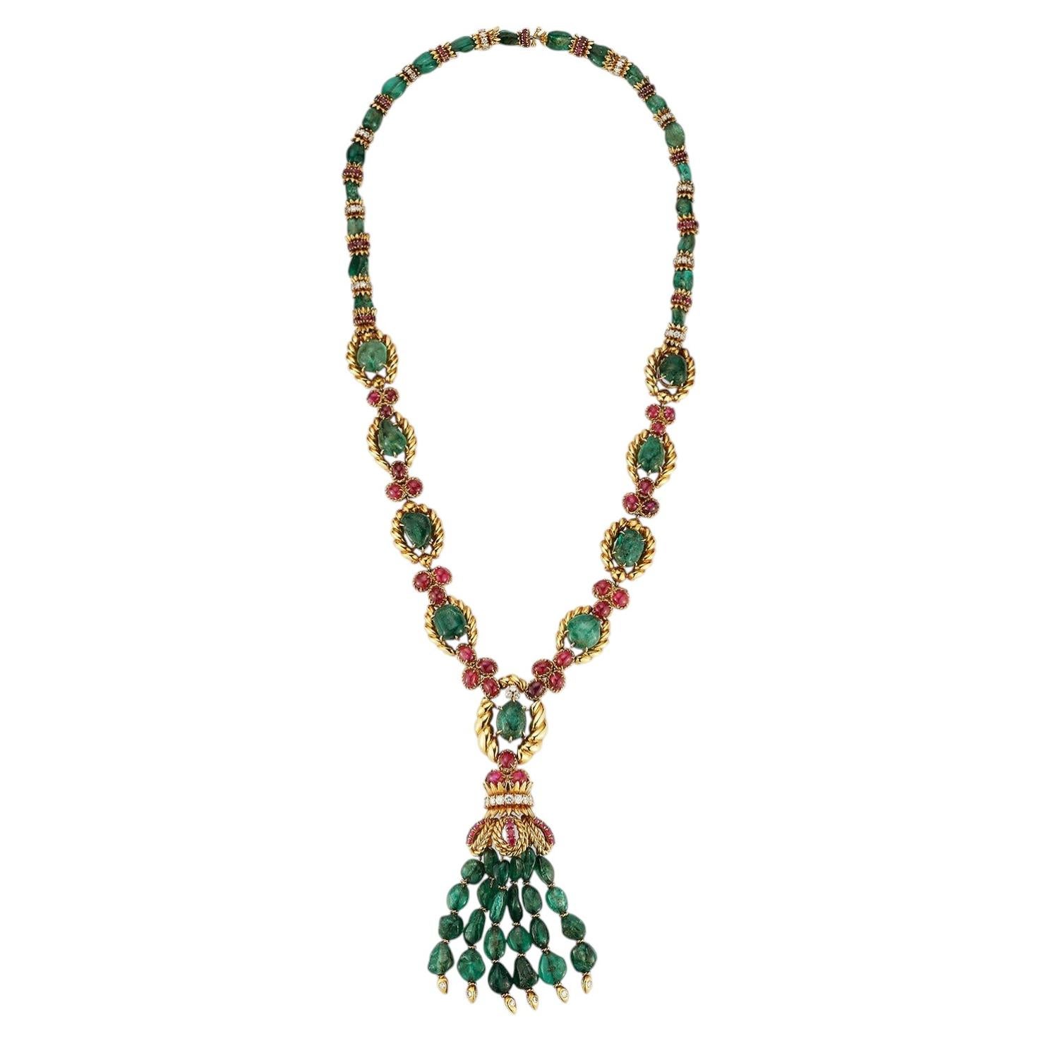 Van Cleef & Arpels Emerald Ruby and Diamond Sautoir Tassel Necklace For Sale