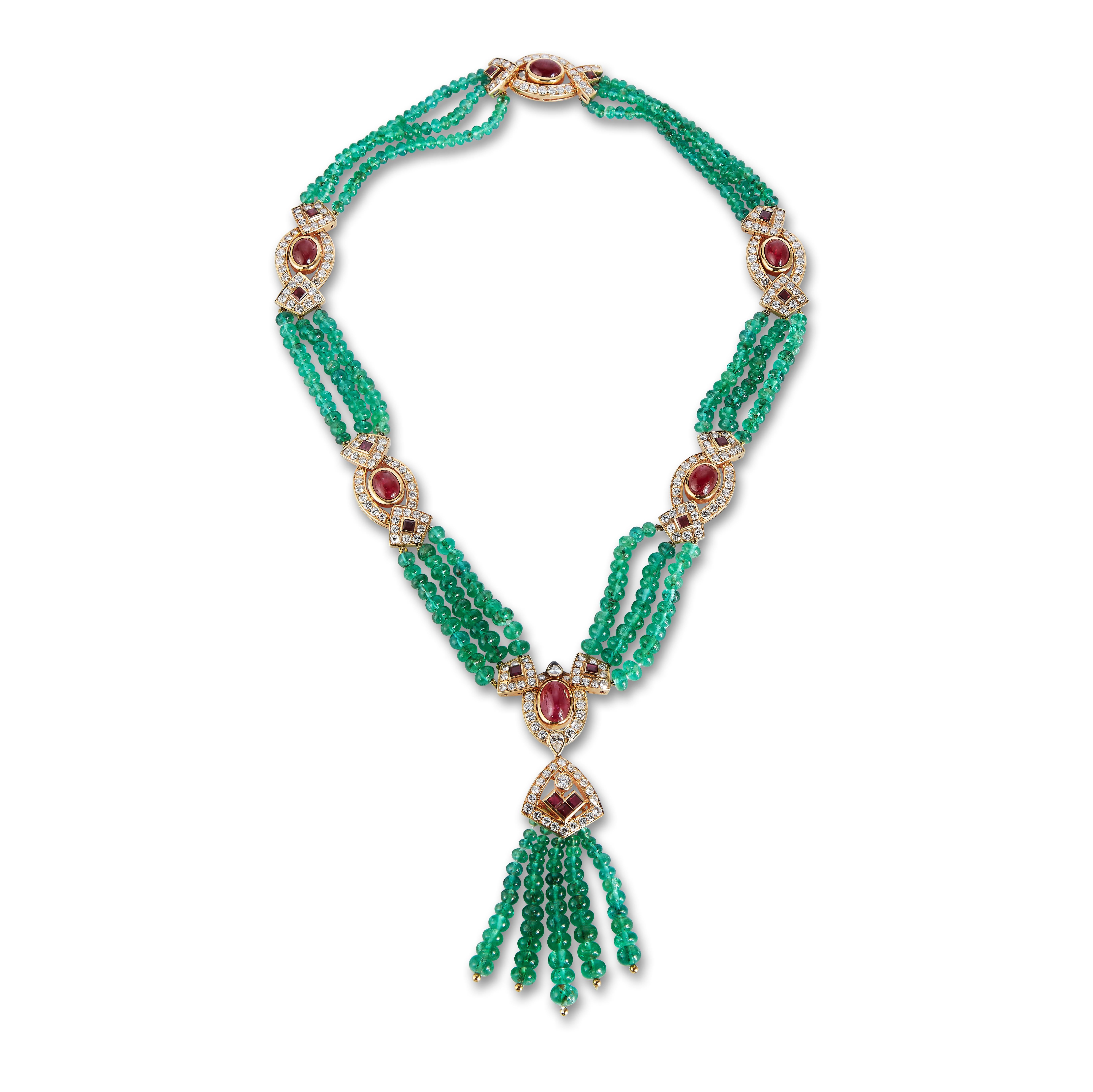 Van Cleef & Arpels Set aus Halskette und Ohrring mit Smaragd-, Rubin- und Diamantperlenquasten (Perle)