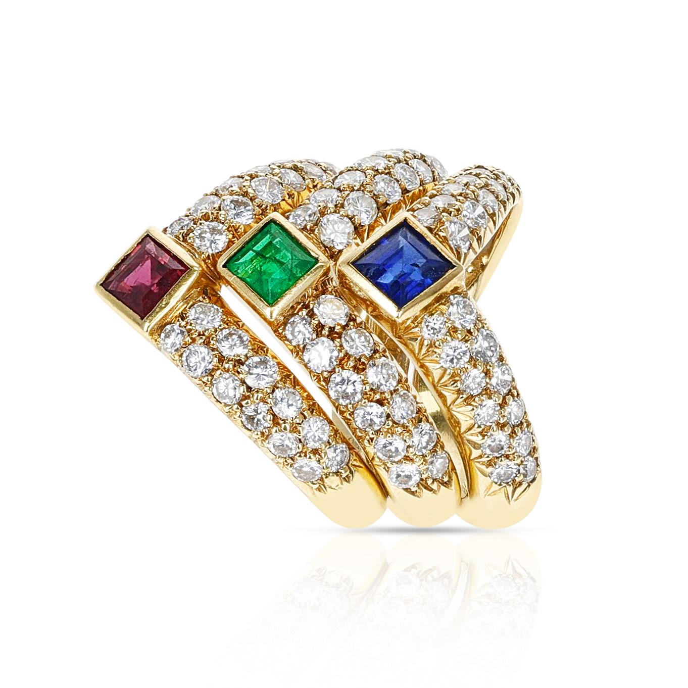 Square Cut Van Cleef & Arpels Emerald Ruby Sapphire and Diamond Three Band Stacking Ring For Sale