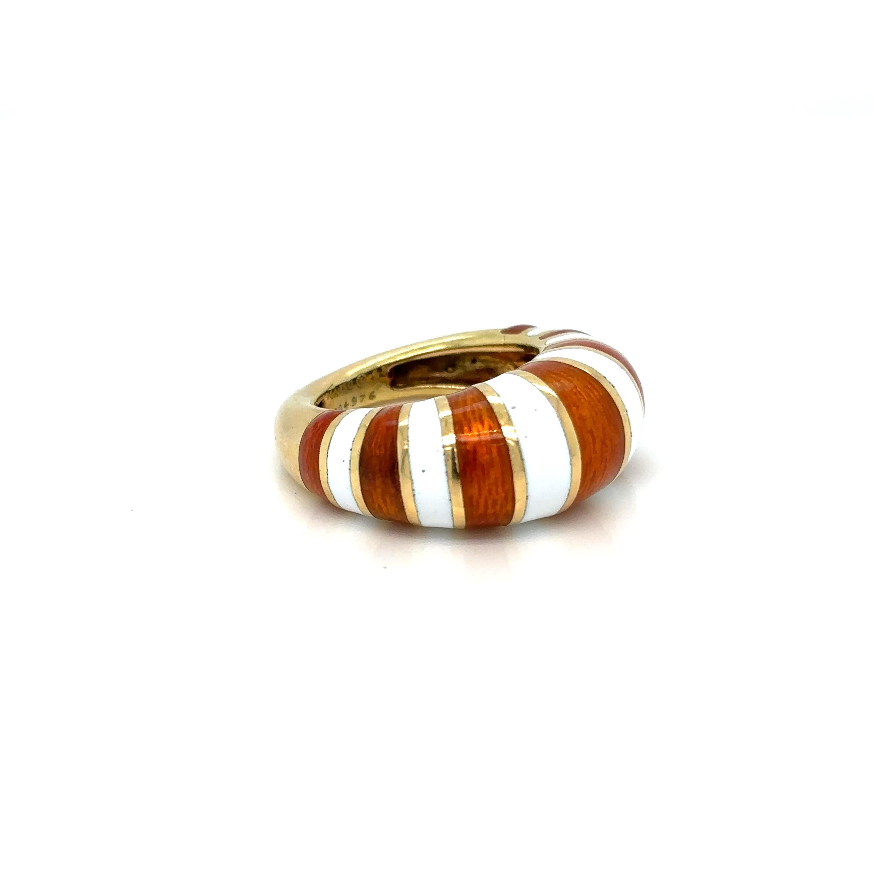 Vintage Van Cleef & Arpels white & brown enamel cocktail ring. 
Marked 18 carat yellow gold, signed 'VCA', numbered, maker's mark 'P&Fils' for Péry et Cie, French, circa 1960.

Péry worked as manufacturer for Van Cleef & Arpels, but also worked for