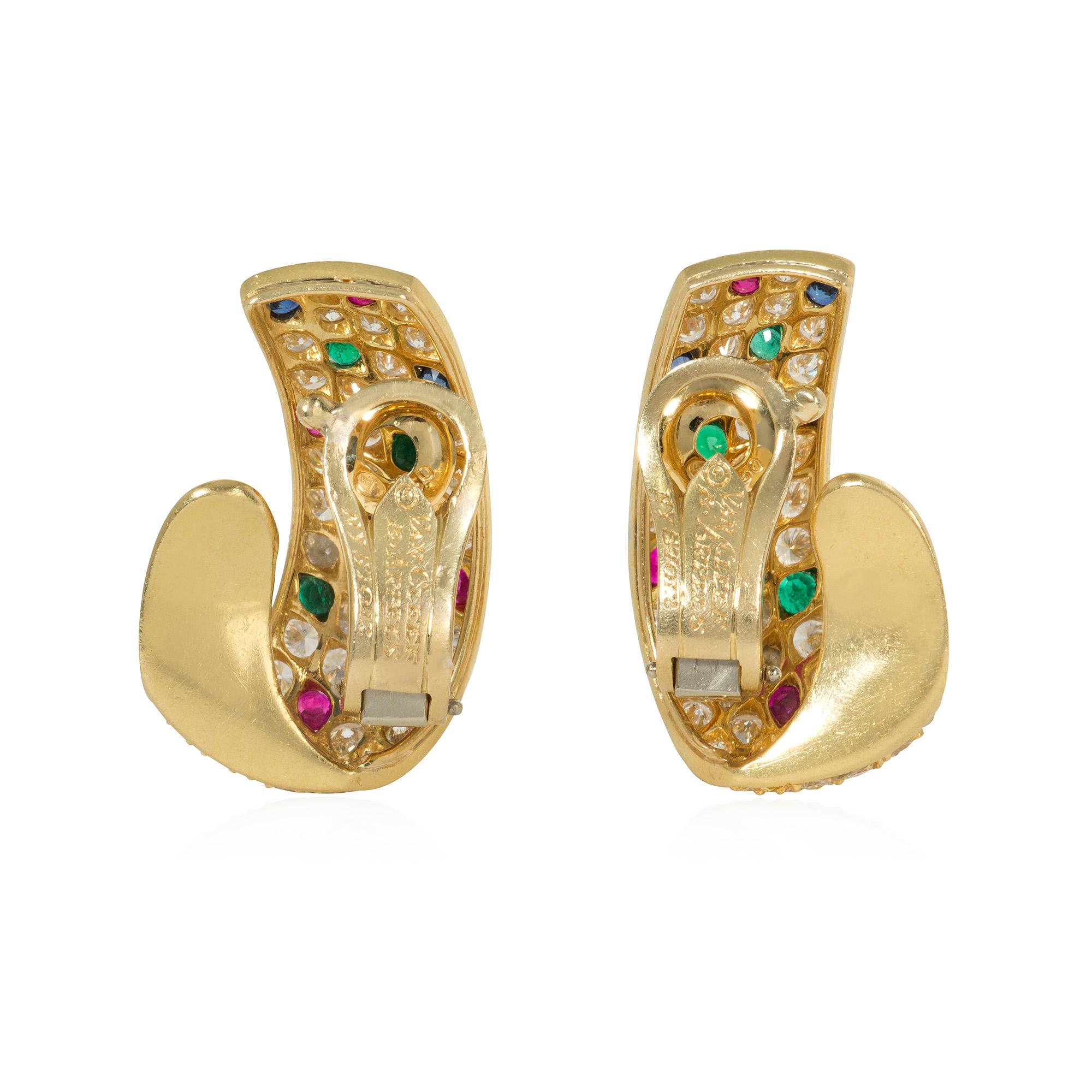Contemporary Van Cleef & Arpels Estate Gold and Multi-Gemstone Half-Hoop Clip Earrings For Sale