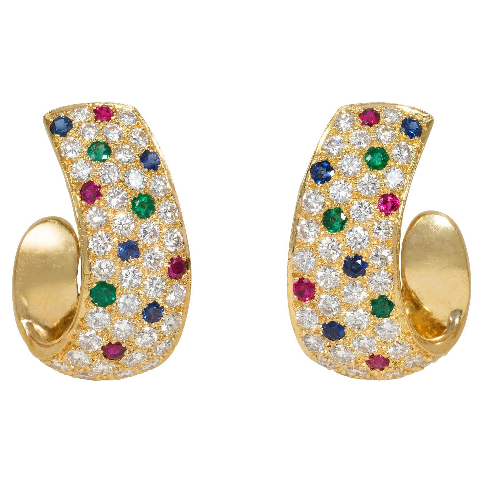 Van Cleef & Arpels Estate Gold and Multi-Gemstone Half-Hoop Clip Earrings