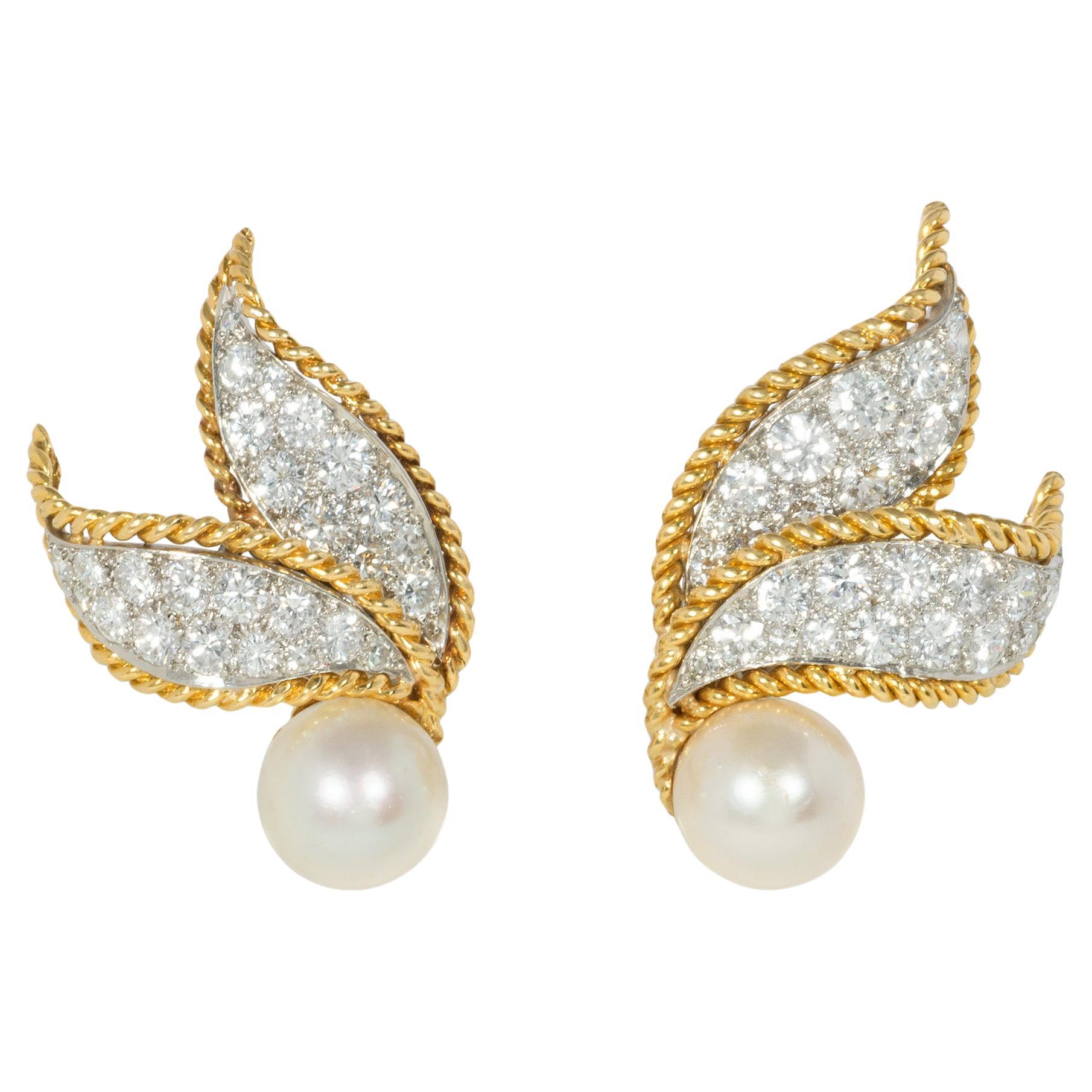 Van Cleef & Arpels Estate Gold, Diamond, and Pearl Leaf Motif Clip Earrings For Sale