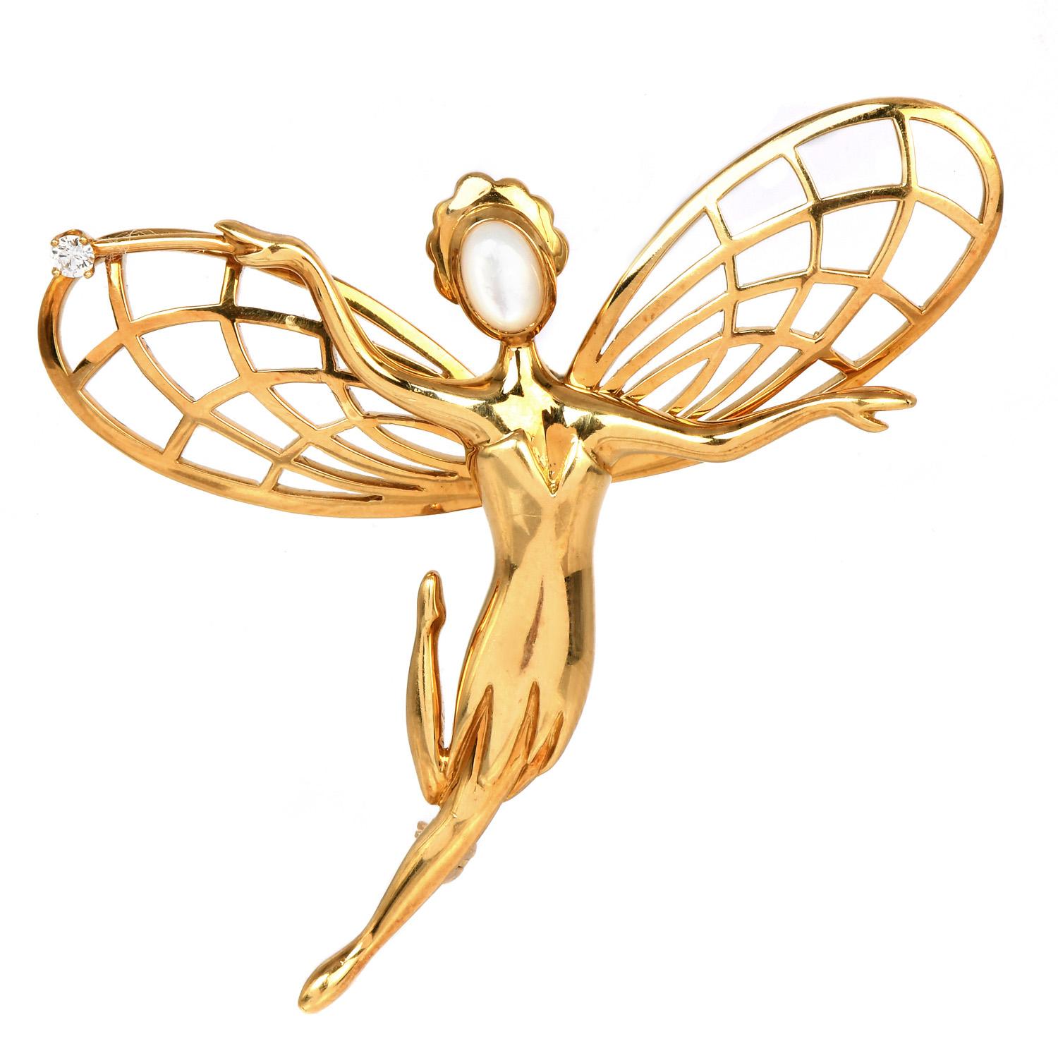 Van Cleef and Arpels 18K yellow gold Fairy Brooch Pin. This VCA,  high Polished gold with Genuine cabochon moonstone face, Oval Shape weighing approx. 0.50 carats and holding a magic stick with one diamond on it,  weighing approx .0.05 carats, E-F