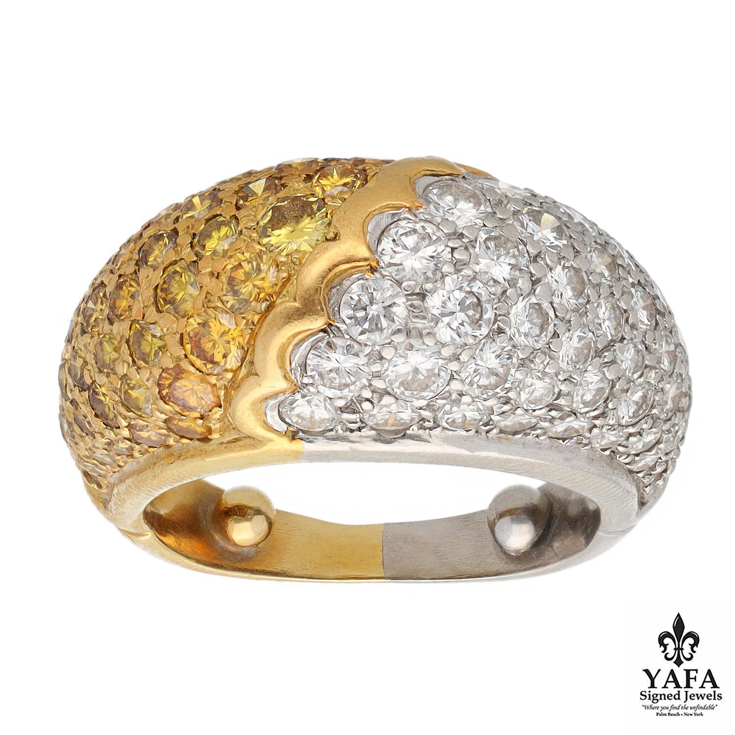 Van Cleef & Arpels Fancy Yellow and White Pave Diamond Bombe Ring In Excellent Condition For Sale In New York, NY