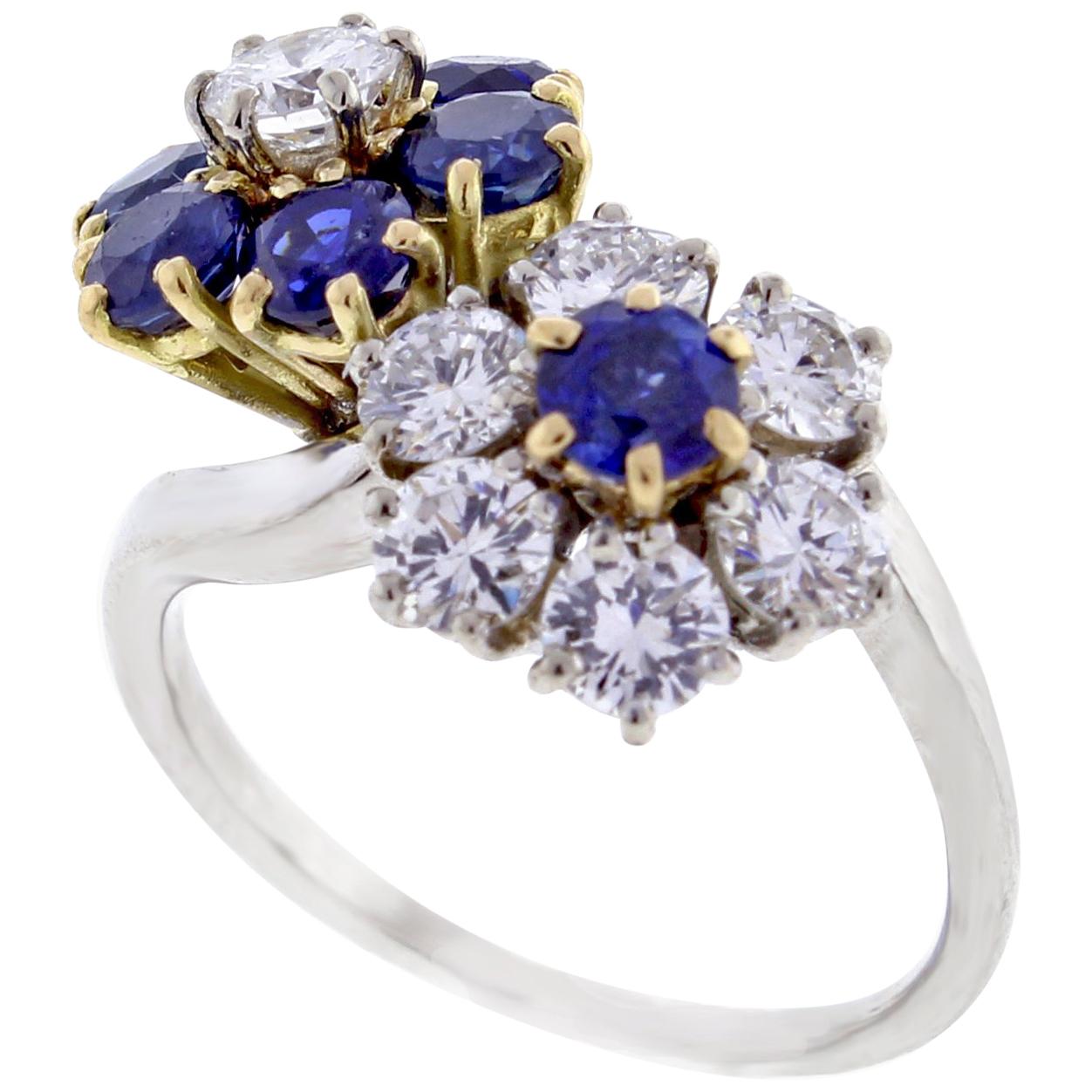 Van Cleef & Arpels Fleurette Diamond and Sapphire Double Flower Yellow Gold Ring