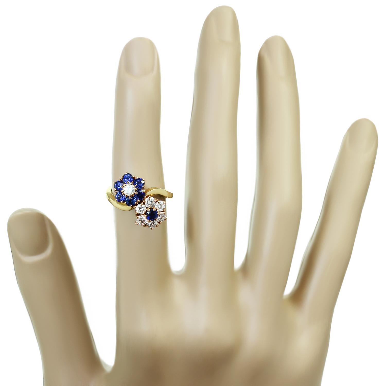 Round Cut Van Cleef & Arpels Fleurette Diamond Blue Sapphire Double Flower Ring