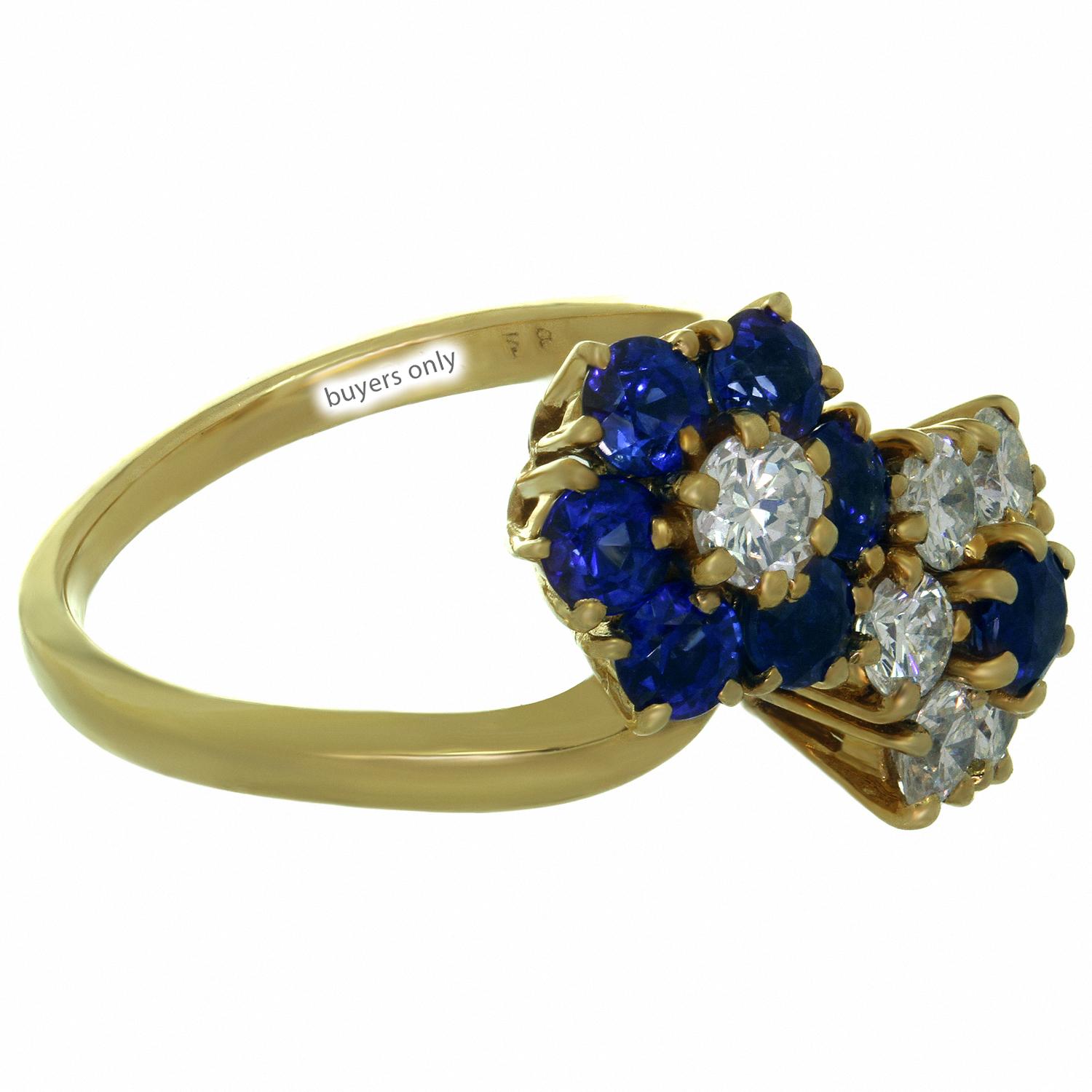 Van Cleef & Arpels Fleurette Diamond Blue Sapphire Double Flower Ring In Excellent Condition In New York, NY
