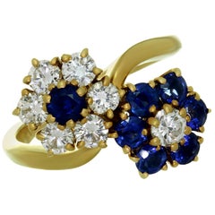 Van Cleef & Arpels Fleurette Diamond Blue Sapphire Double Flower Ring