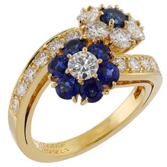 Retro VAN CLEEF & ARPELS Fleurette Diamond Blue Sapphire Yellow Gold Flower Ring